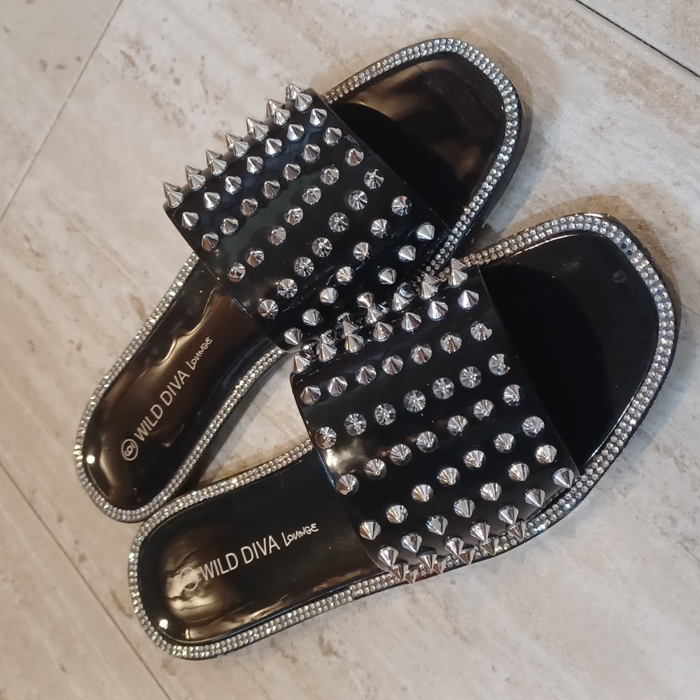 Wild Diva Lounge Studded Rhinestone Slide Sandals